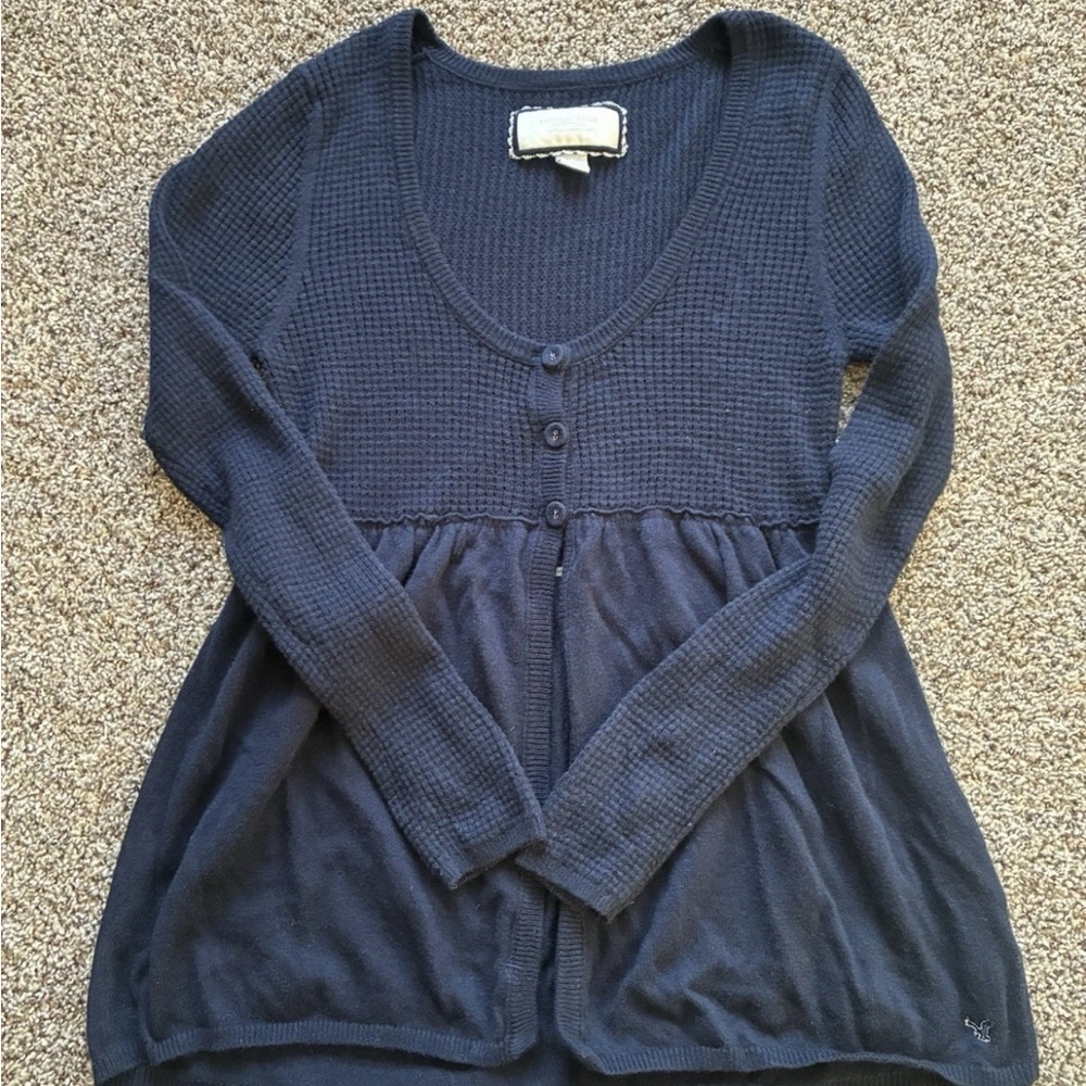 American Eagle Y2K Babydoll Cardigan Large Navy Knit Button-Front Cardigan